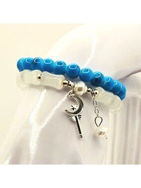 Blue Celestial Bracelet Stack, Moon Charm Bracelet, Coquette Jewelry, Layered